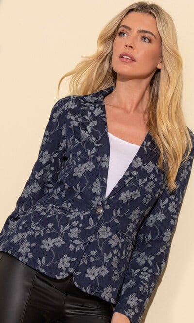 Floral Print Tailored Cotton Denim Jacket