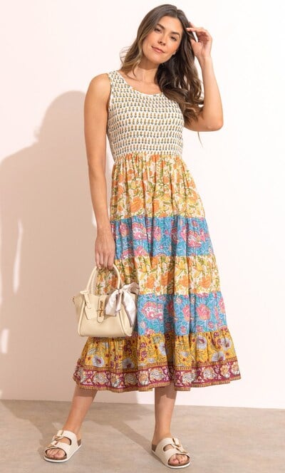 Smocked Printed Cotton Midi Dress