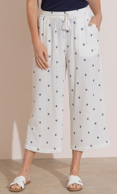 Embroidered Textured Cotton Wide Leg Cropped Trousers