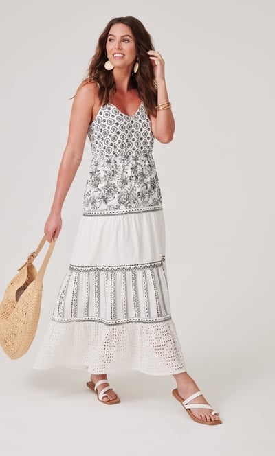 Cotton Blend Panelled Printed Strappy Maxi Dress