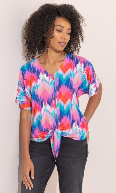 Brush Stroke Printed Tie Front Top