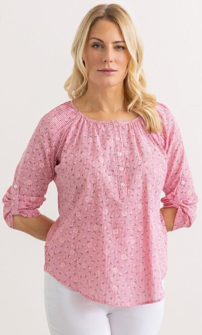 Stripe and Floral Print Cotton Blend Top