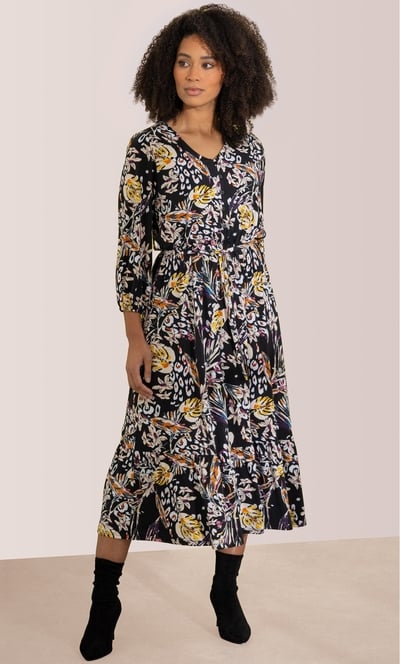 Printed Blouson Sleeve Midi Dress