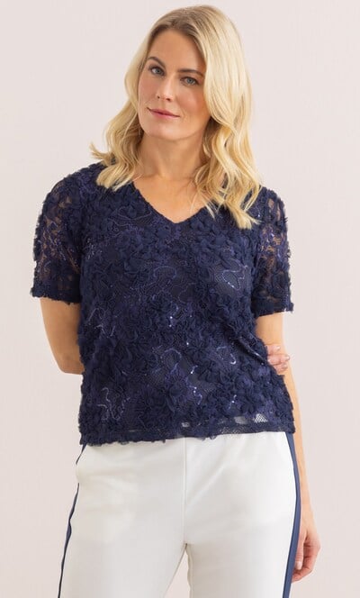 Sequin Ruffle Lace Short Sleeve Top