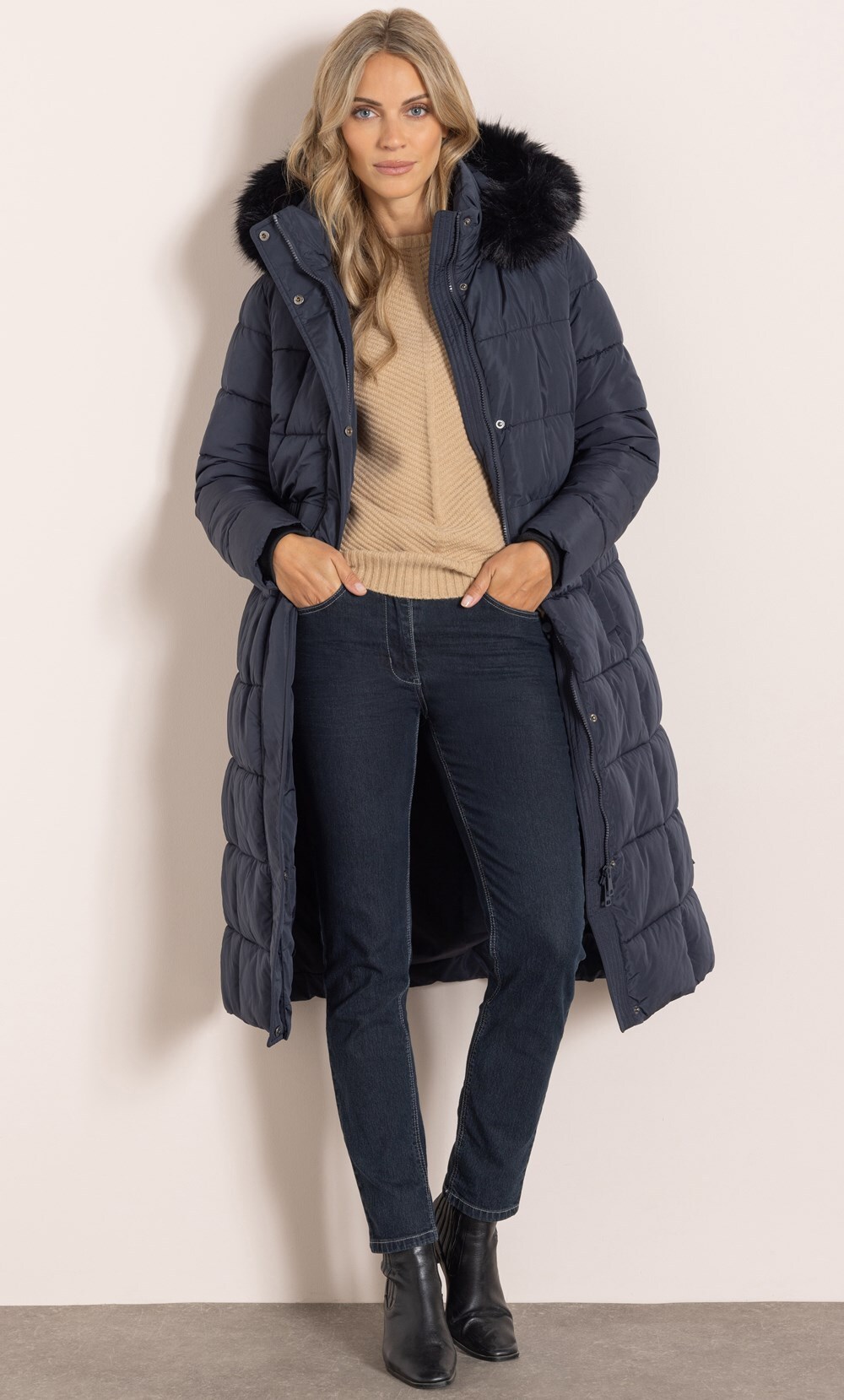 Longline Hooded Puffer Coat with Faux Fur Trim and Drawstring Waist