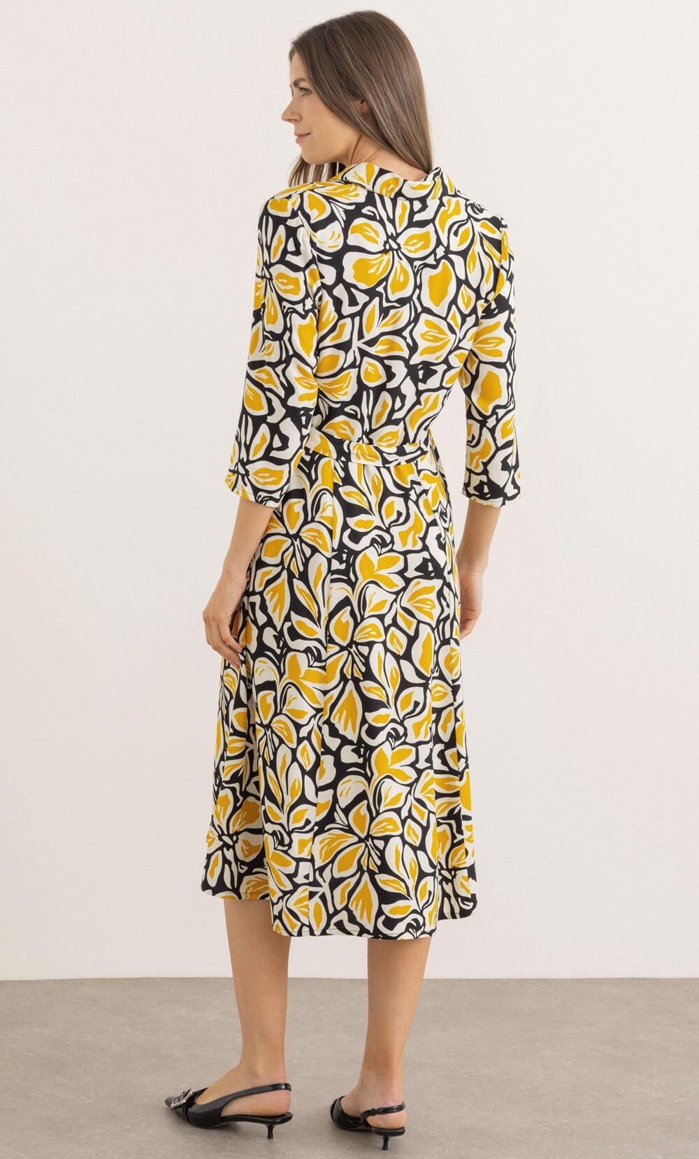 Floral Gold Button Tie Waist Dress